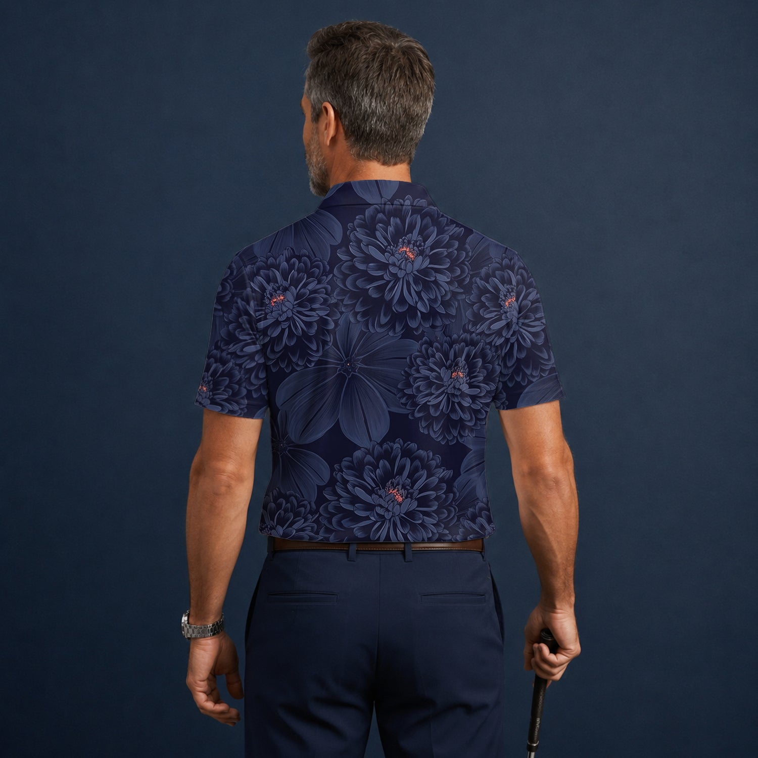 Personalised Dark Navy Chrysanthemum Floral Golf Polo Shirt For Men A0086