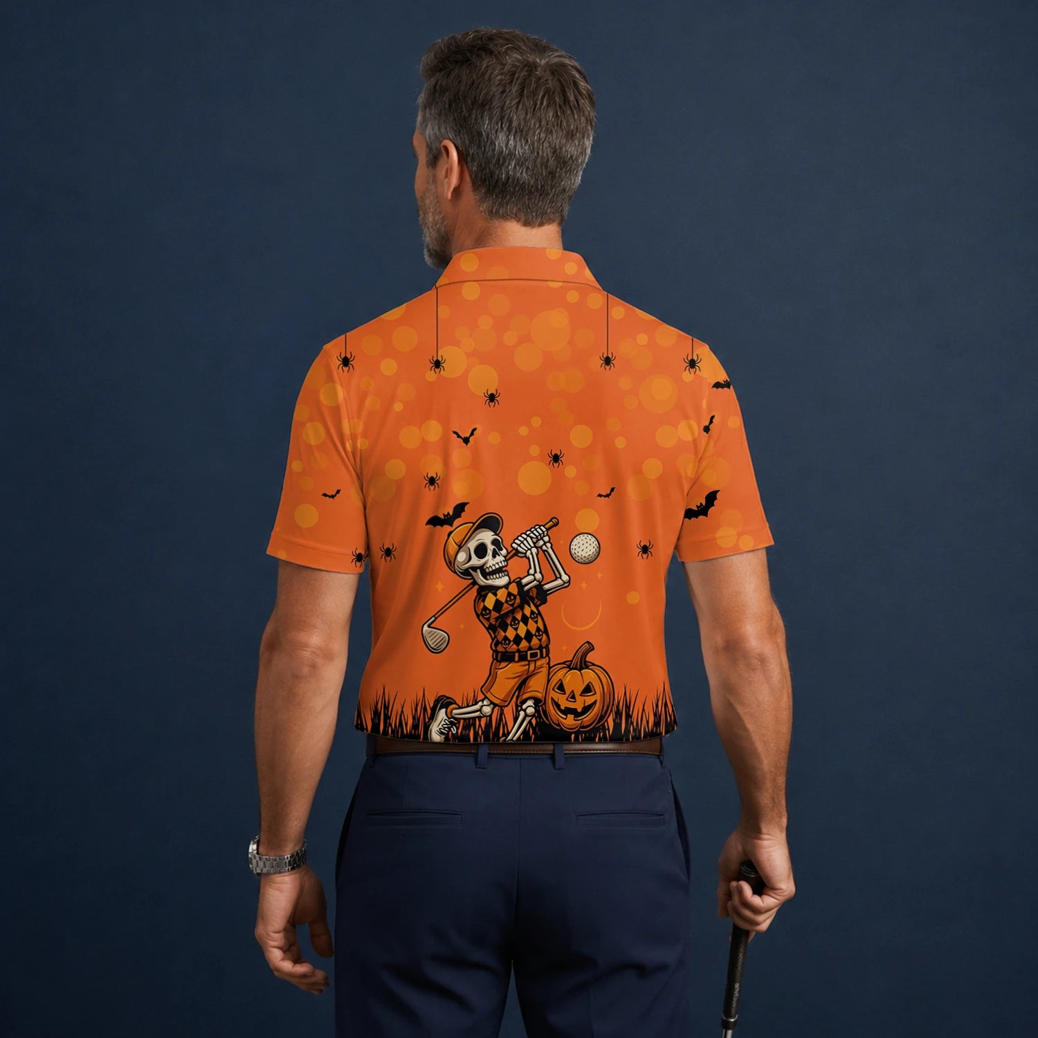 Personalised Orange Halloween Skeleton Golfer Golf Polo Shirt For Men D3851