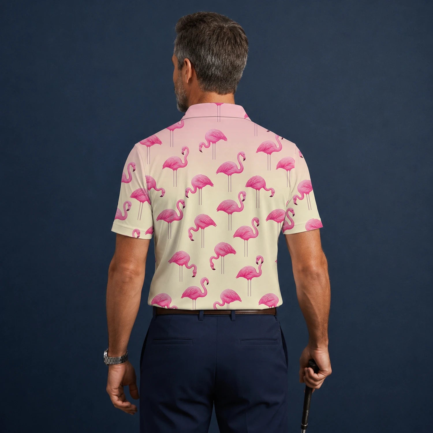 Personalised Cream Pink Flamingo Golf Polo Shirt For Men P5242