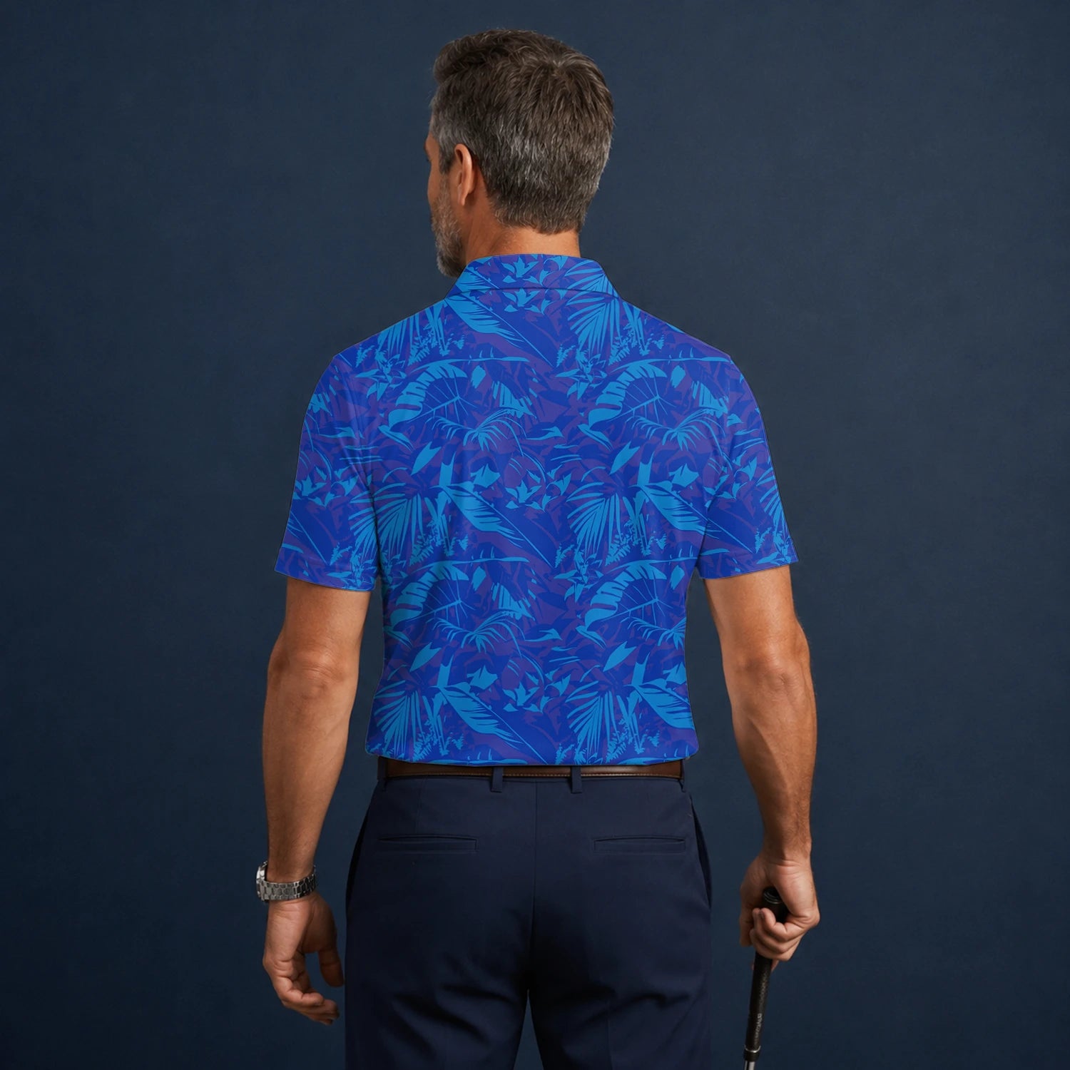 Personalised Blue Tropical Leaf Golf Polo Shirt For Men Z7717