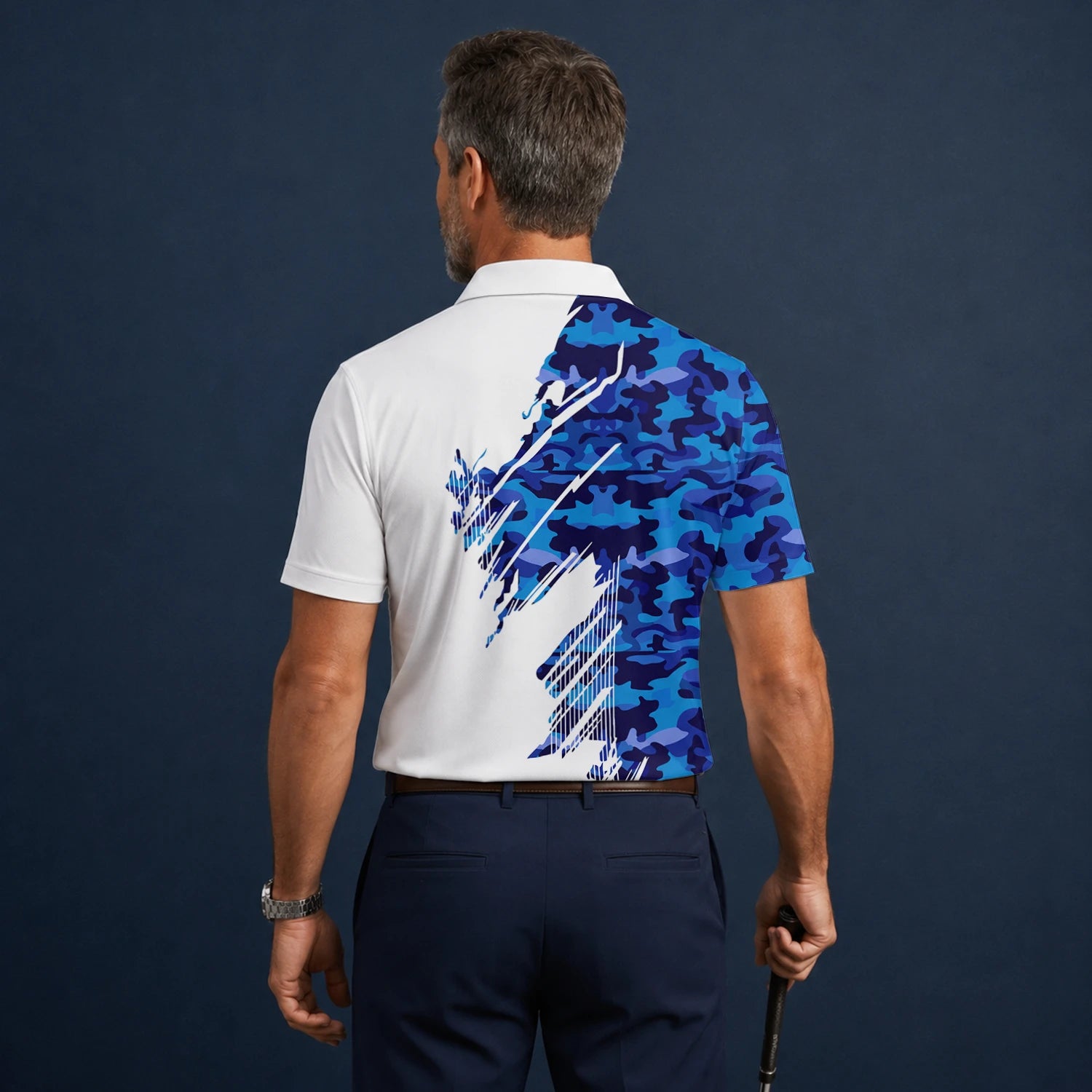 Personalised White Blue Camo Brush Stroke Golf Polo Shirt For Men M3845