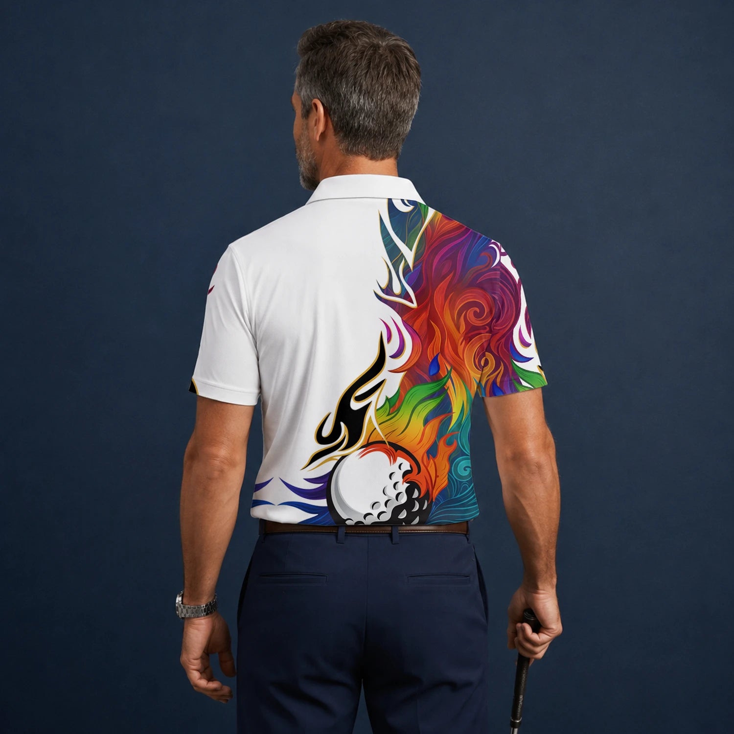 Personalised White Rainbow Flame Golf Ball Golf Polo Shirt For Men P6012