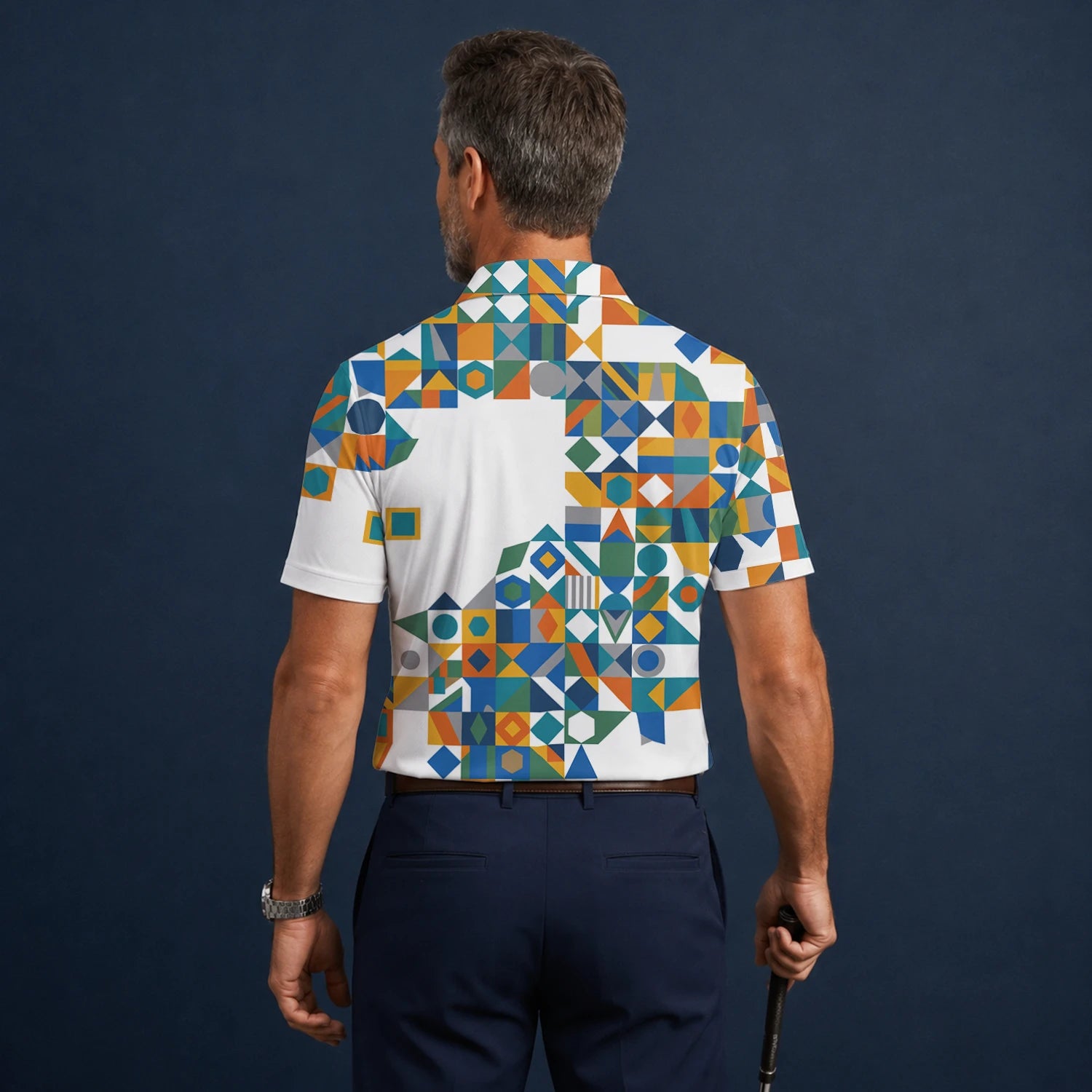 Personalised White Teal Orange Geometric Patchwork Golf Polo Shirt For Men K5362