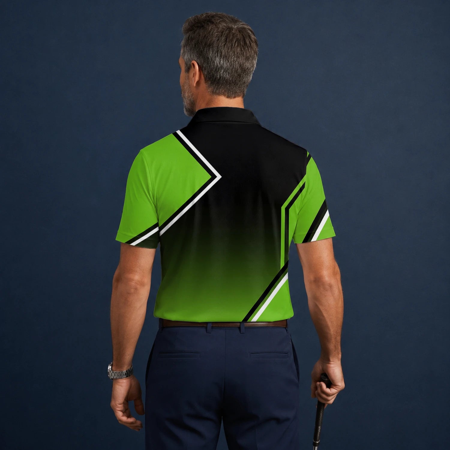 Personalised Black Green Geometric Stripe Golf Polo Shirt For Men V2638