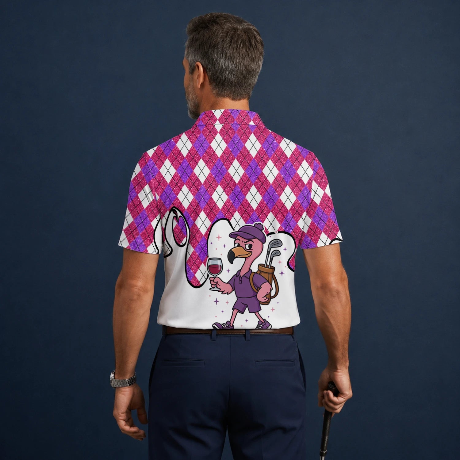 Personalised Pink Purple Argyle Ostrich Golfer Cartoon Golf Polo Shirt For Men D7000