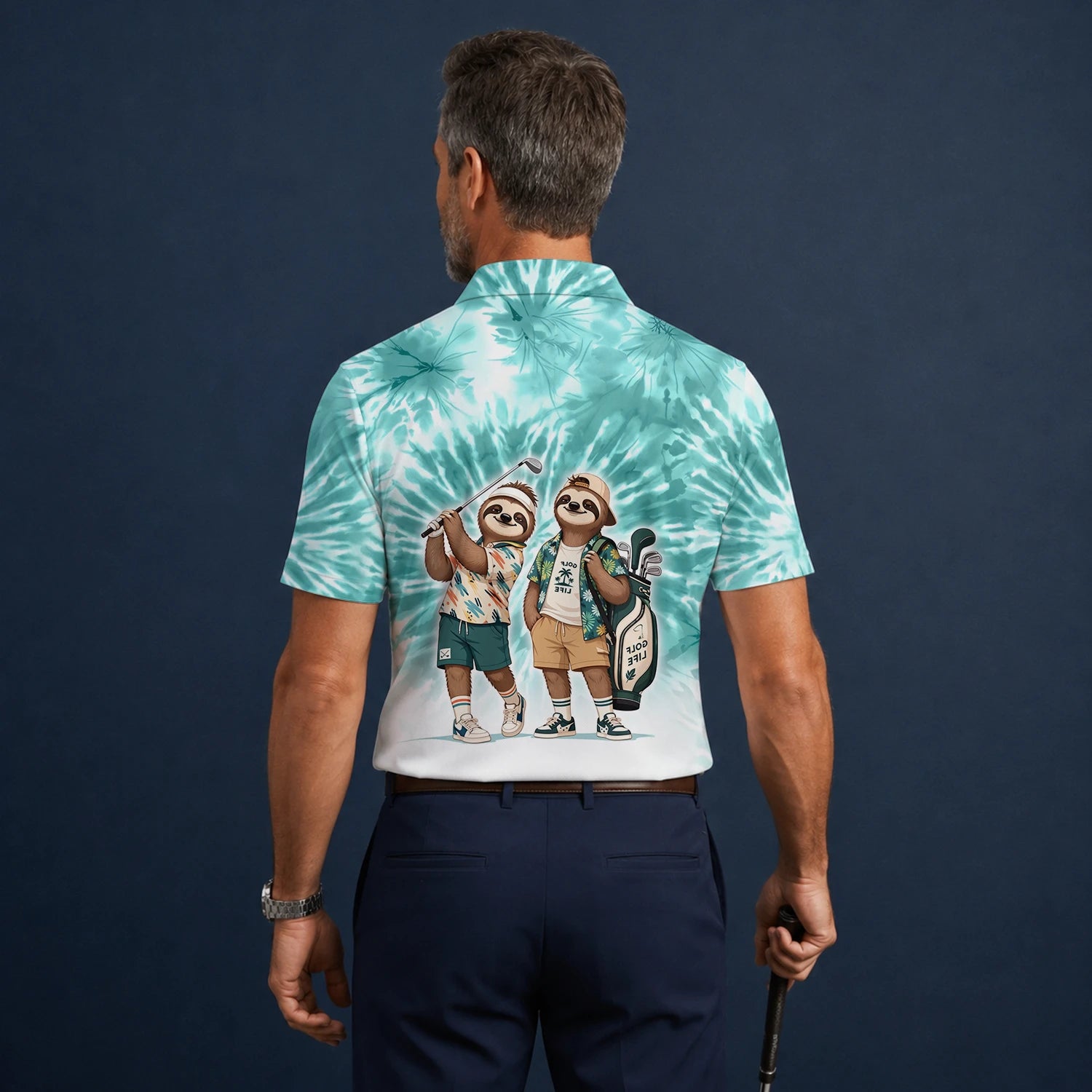 Personalised Turquoise Sloth Golfer Cartoon Golf Polo Shirt For Men C1614