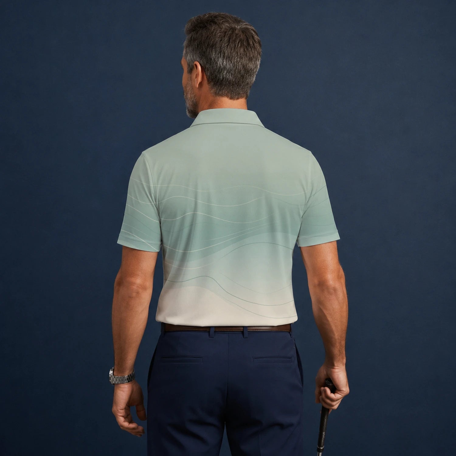 Personalised Sage Green Beige Abstract Wave Golf Polo Shirt For Men X8036