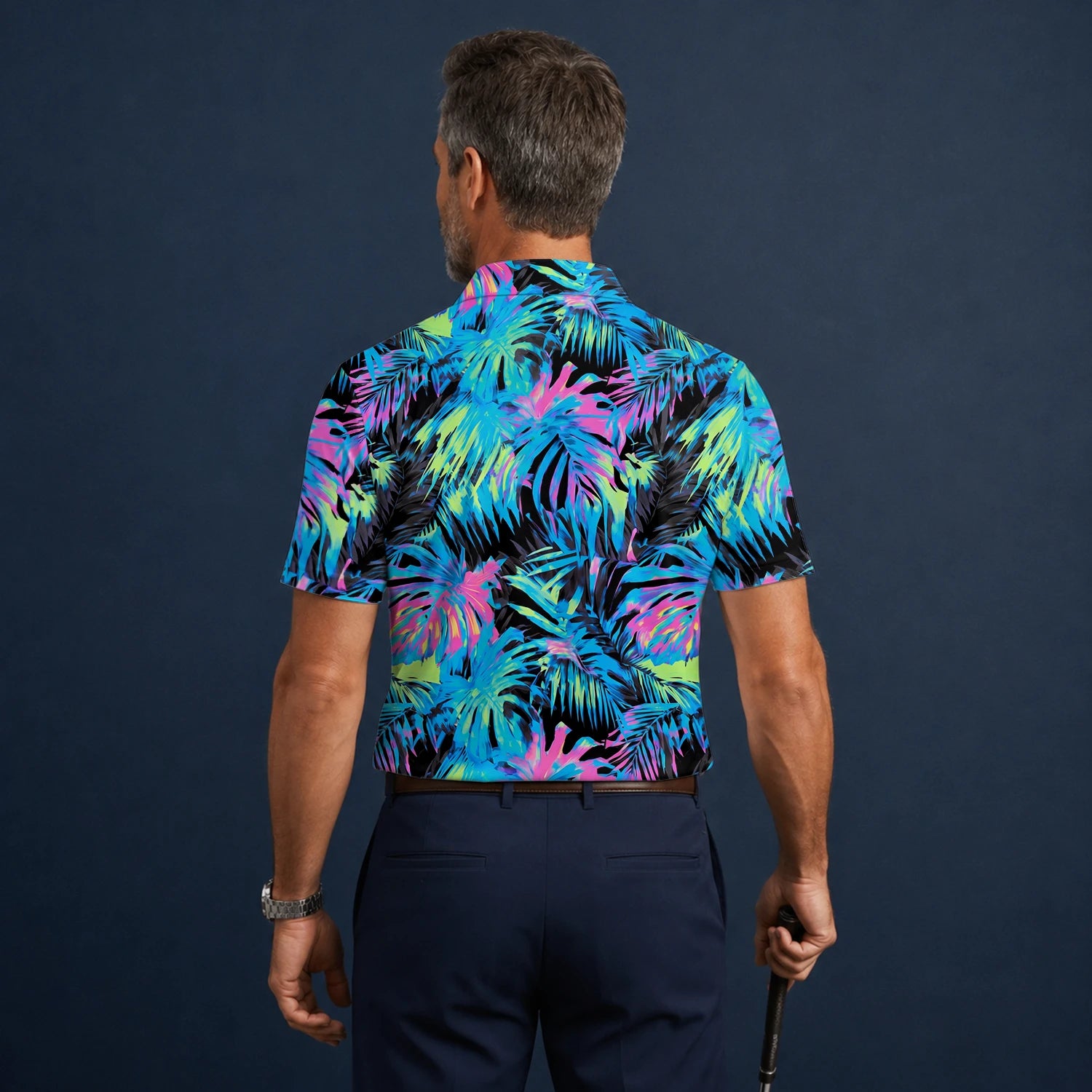 Personalised Black Neon Tropical Leaf Golf Polo Shirt For Men D2207