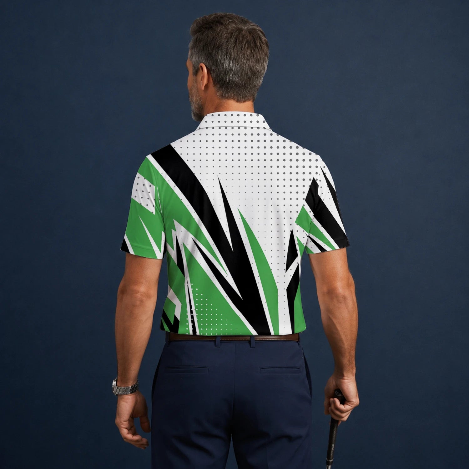 Personalised White Green Black Abstract Stripe Golf Polo Shirt For Men C9494