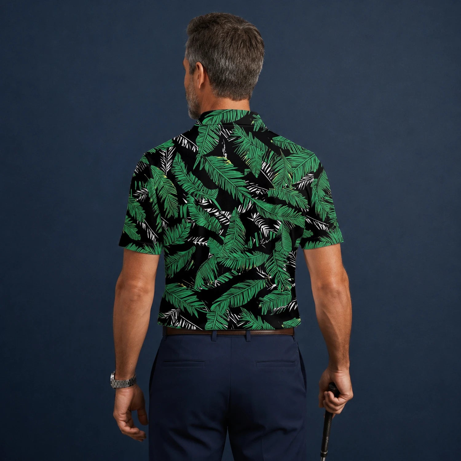 Personalised Black Green Tropical Banana Leaf Golf Polo Shirt For Men K8023