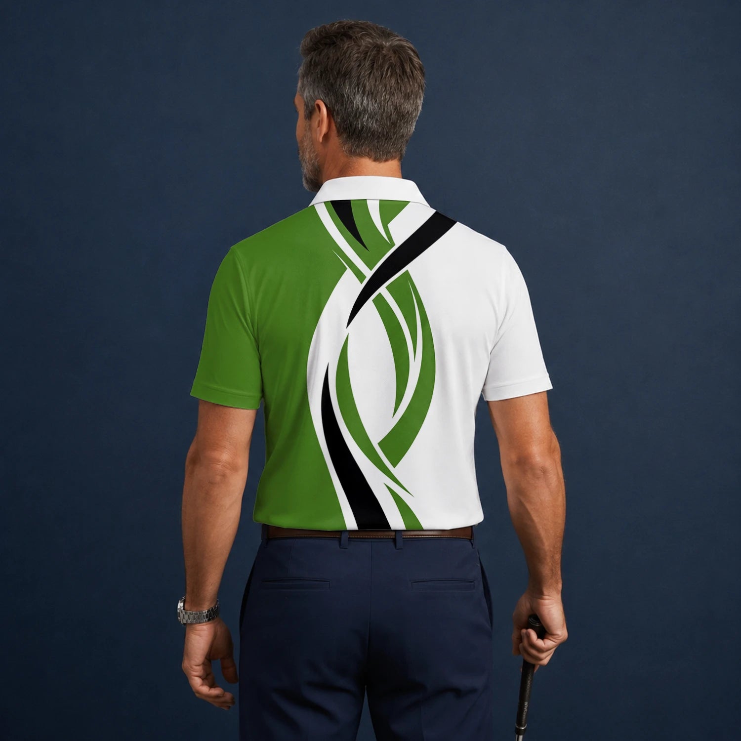 Personalised White Green Black Abstract Wave Golf Polo Shirt For Men P7352