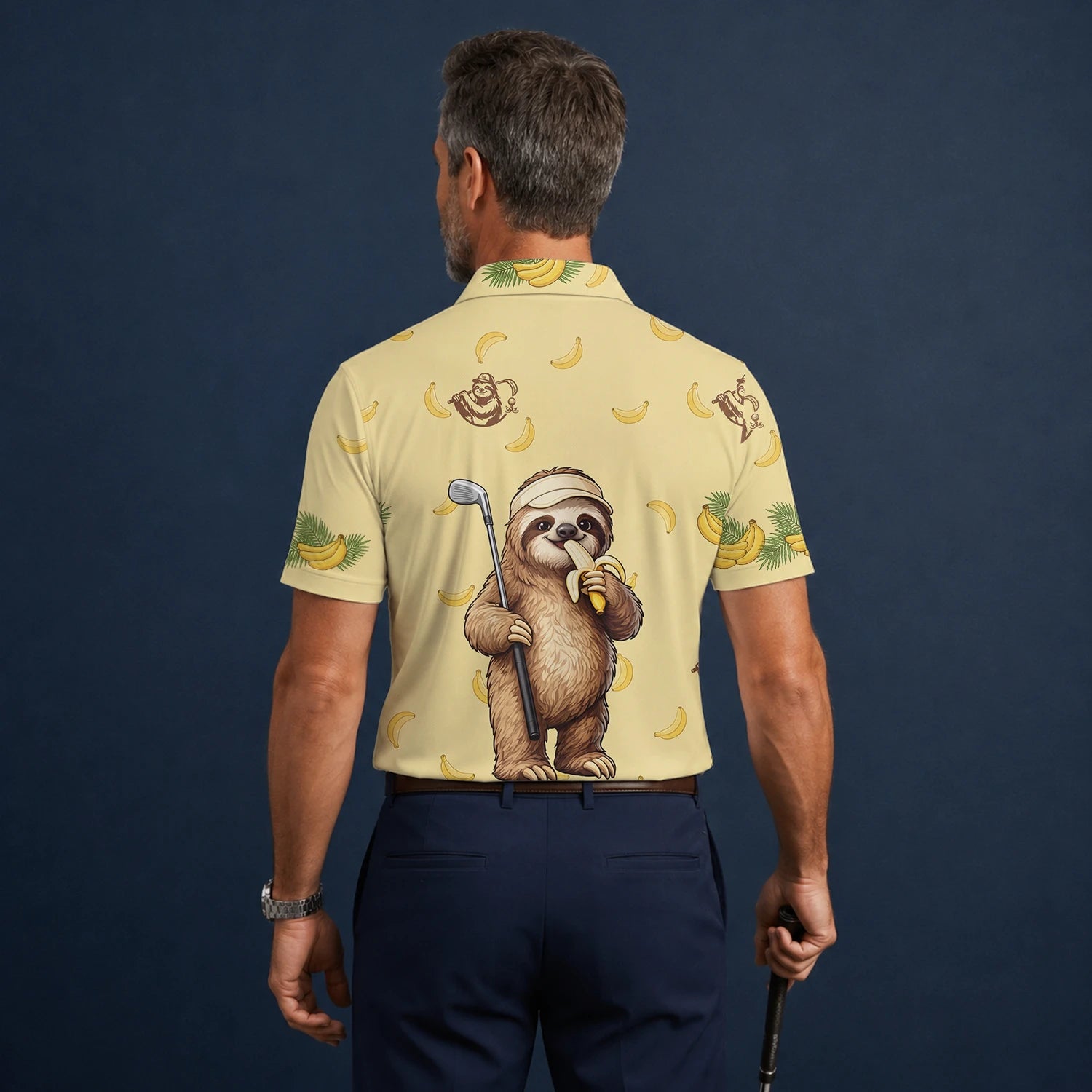Personalised Pale Yellow Sloth Banana Golfer Cartoon Golf Polo Shirt For Men G3327