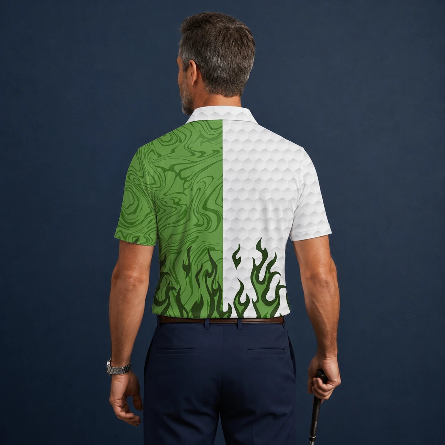 Personalised White Green Flame Marble Golf Polo Shirt For Men D2353