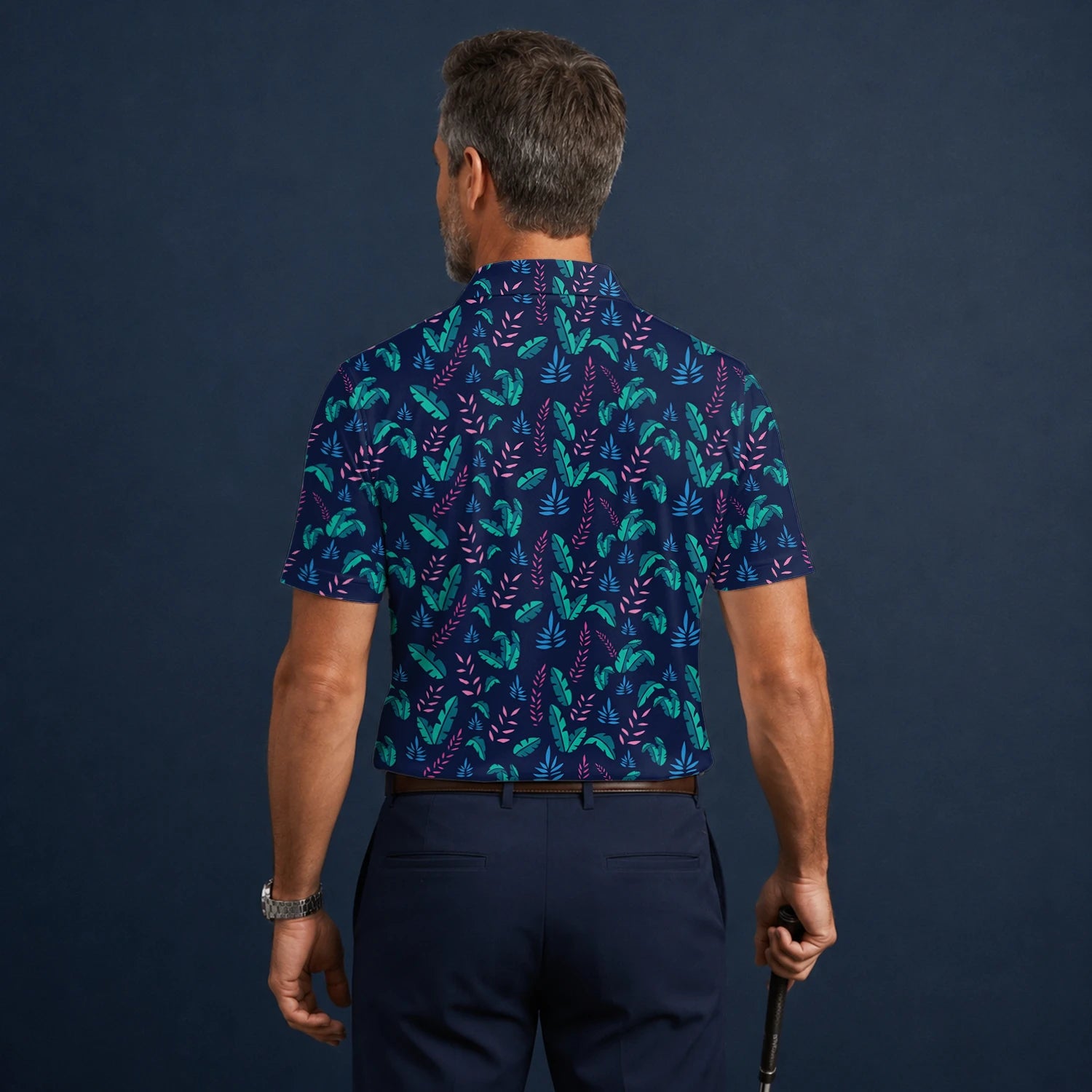 Personalised Navy Teal Tropical Leaf Golf Polo Shirt For Men S8145