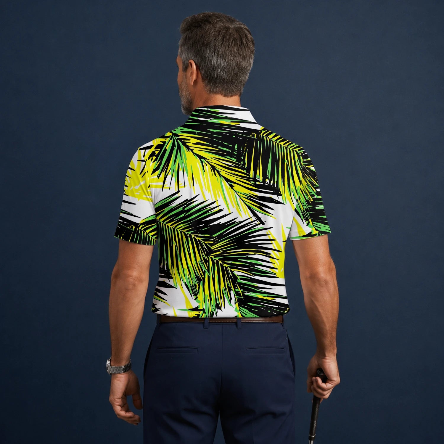 Personalised Black Lime Tropical Palm Leaf Golf Polo Shirt For Men R3070