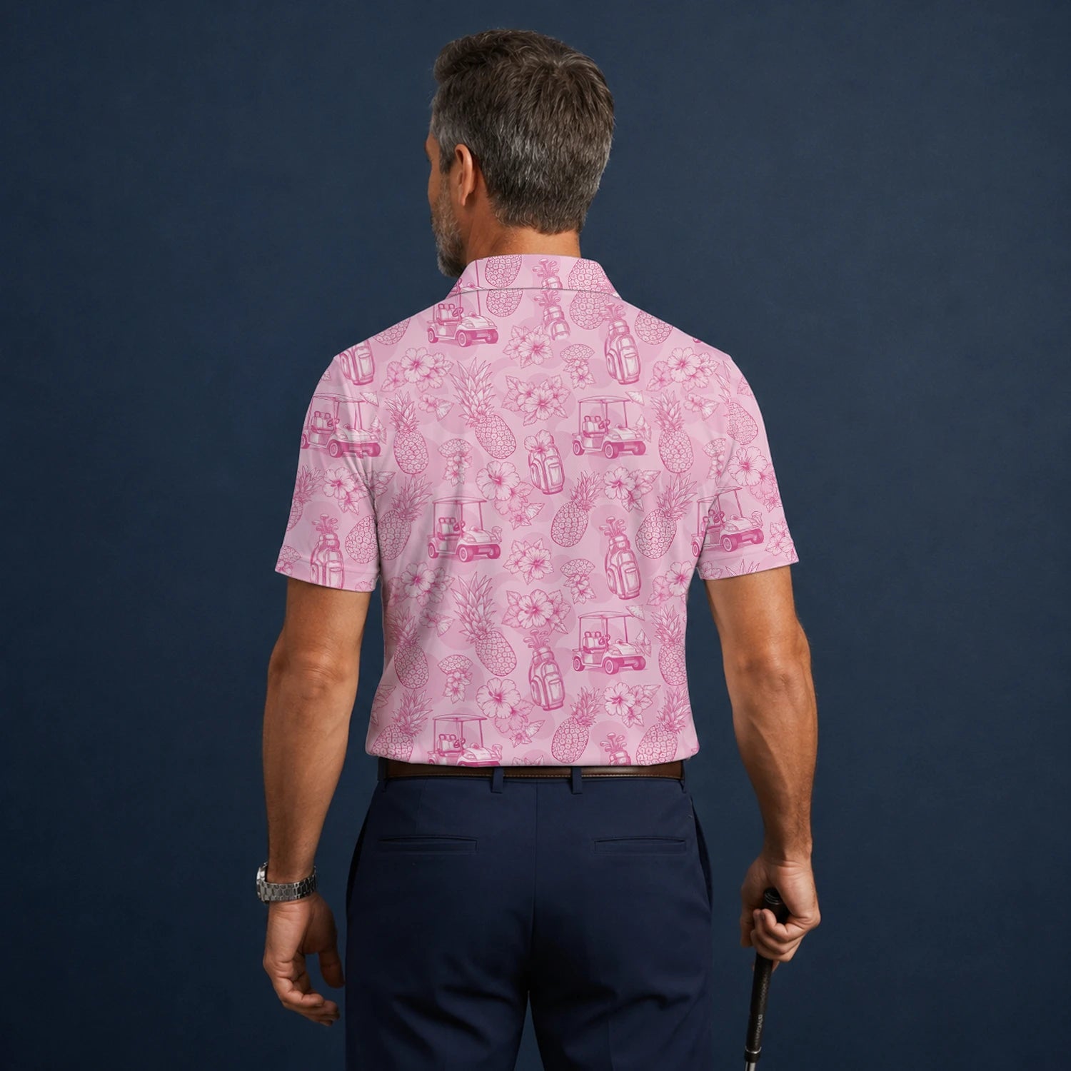 Personalised Pink Golf Cart Floral Toile Golf Polo Shirt For Men T8127