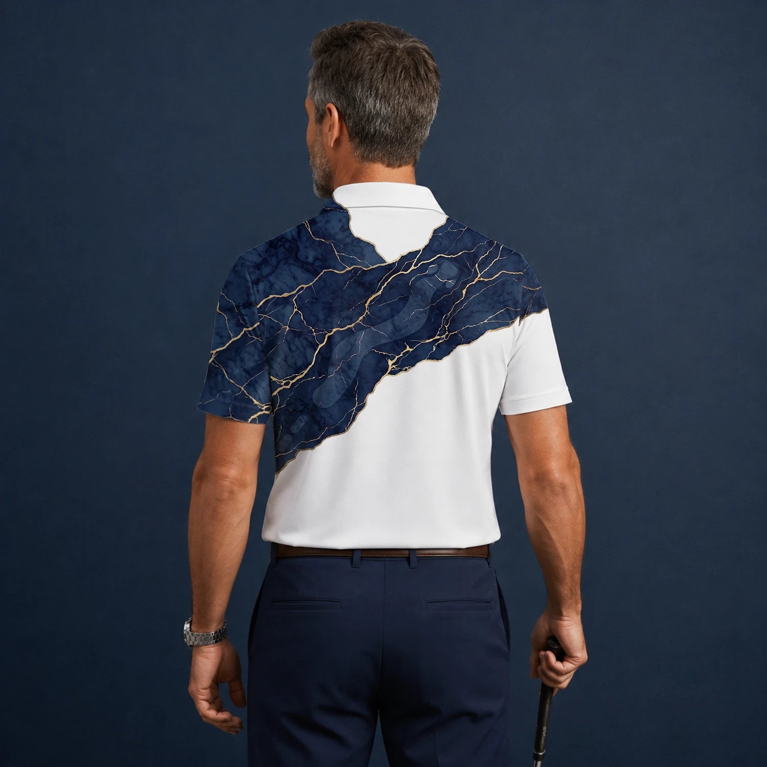 Personalised White Navy Marble Gold Vein Golf Polo Shirt For Men B4939