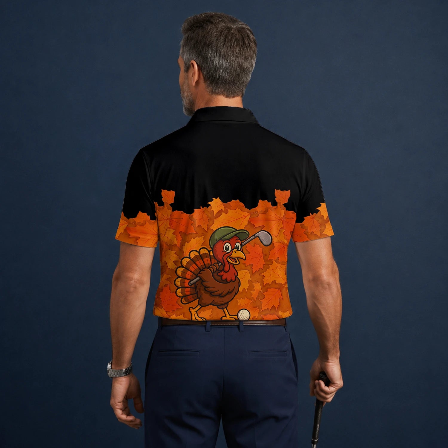 Personalised Black Orange Thanksgiving Turkey Golfer Golf Polo Shirt For Men W0964