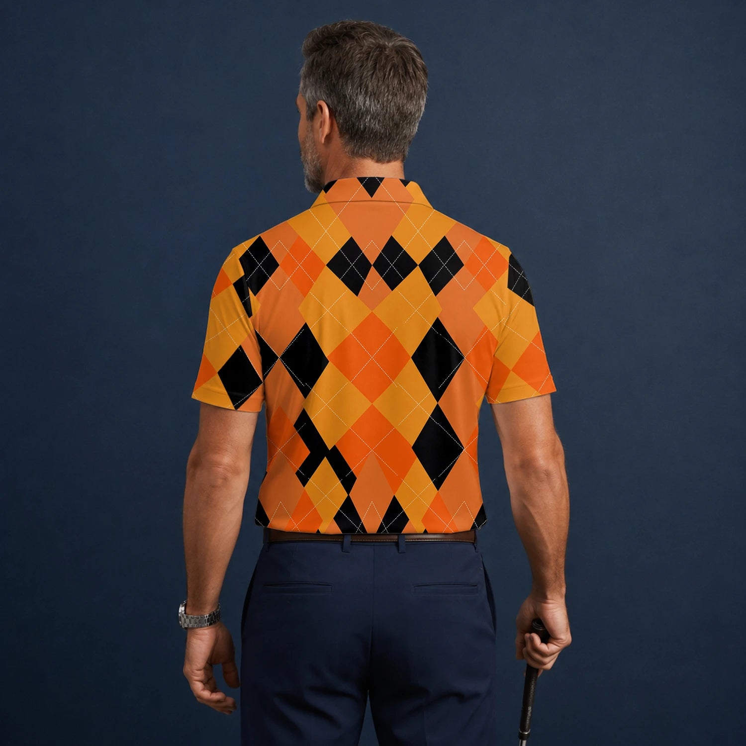 Personalised Orange Black Argyle Diamond Golf Polo Shirt For Men C4203