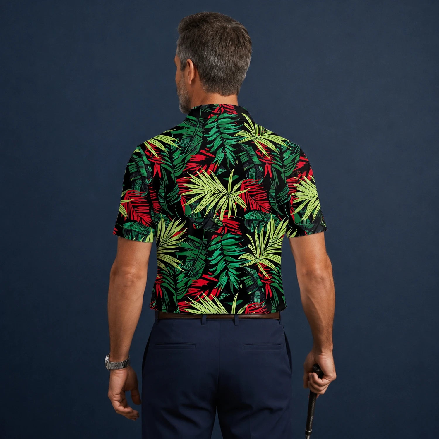 Personalised Black Green Red Tropical Leaf Golf Polo Shirt For Men U5191