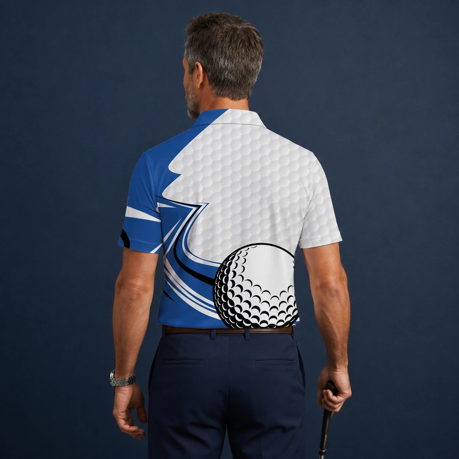 Personalised White Blue Golf Ball Hexagon Golf Polo Shirt For Men S7973