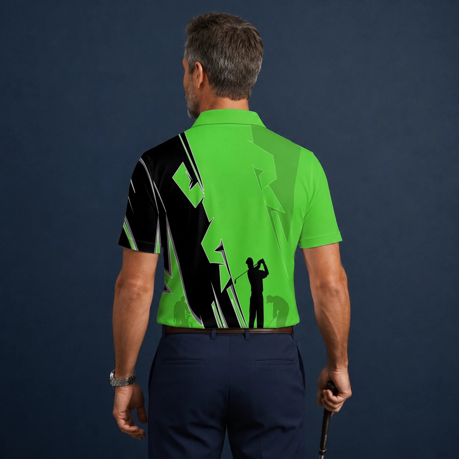 Personalised Lime Green Golfer Silhouette Lightning Golf Polo Shirt For Men V5316