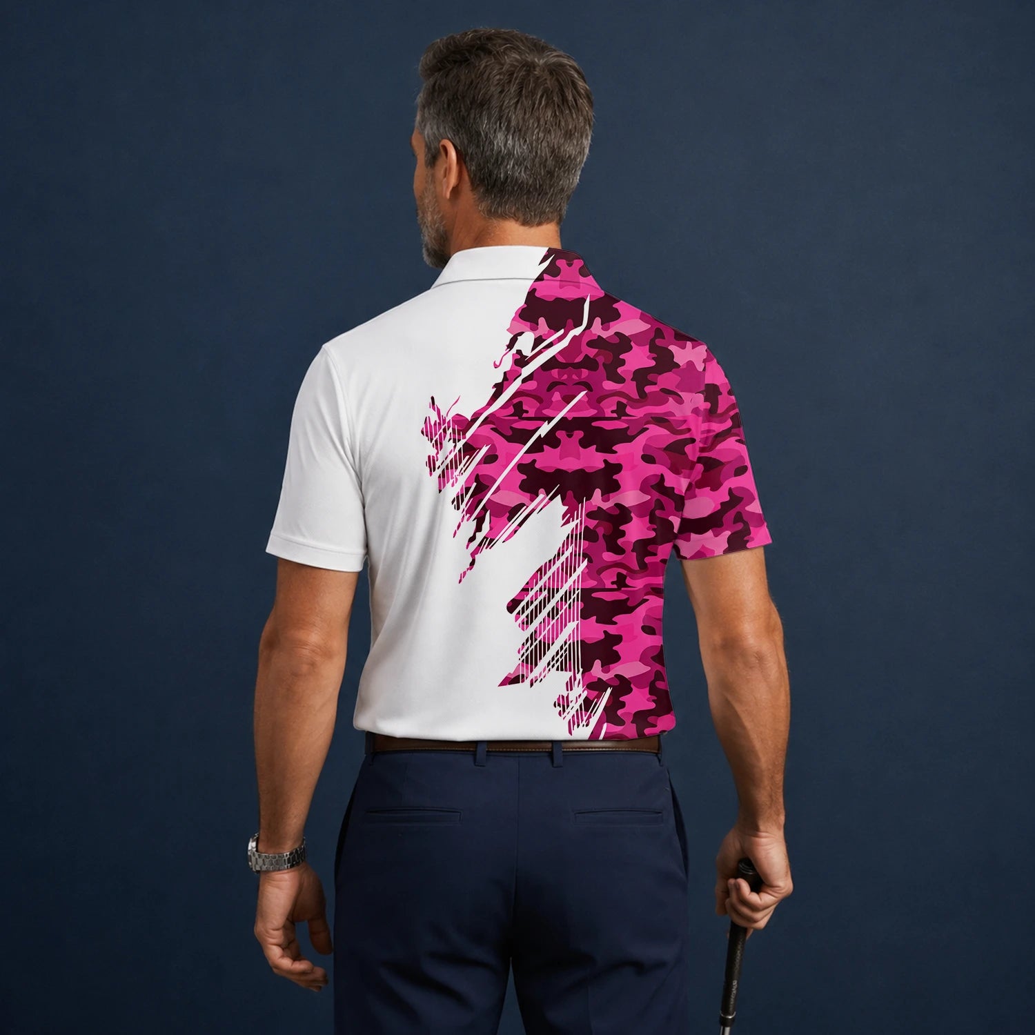 Personalised White Pink Camo Brush Stroke Golf Polo Shirt For Men S6501
