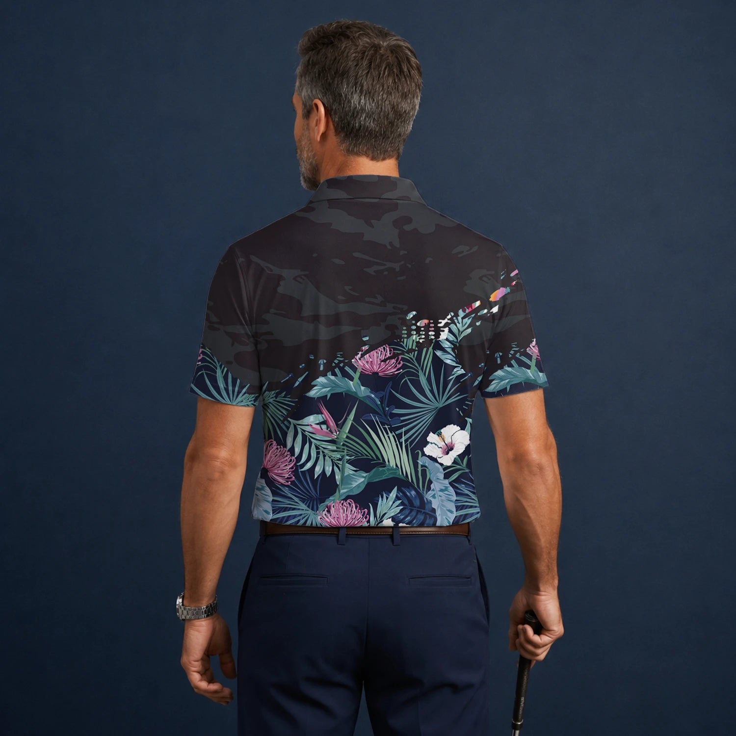 Personalised Navy Tropical Floral Leaf Golf Polo Shirt For Men N4110