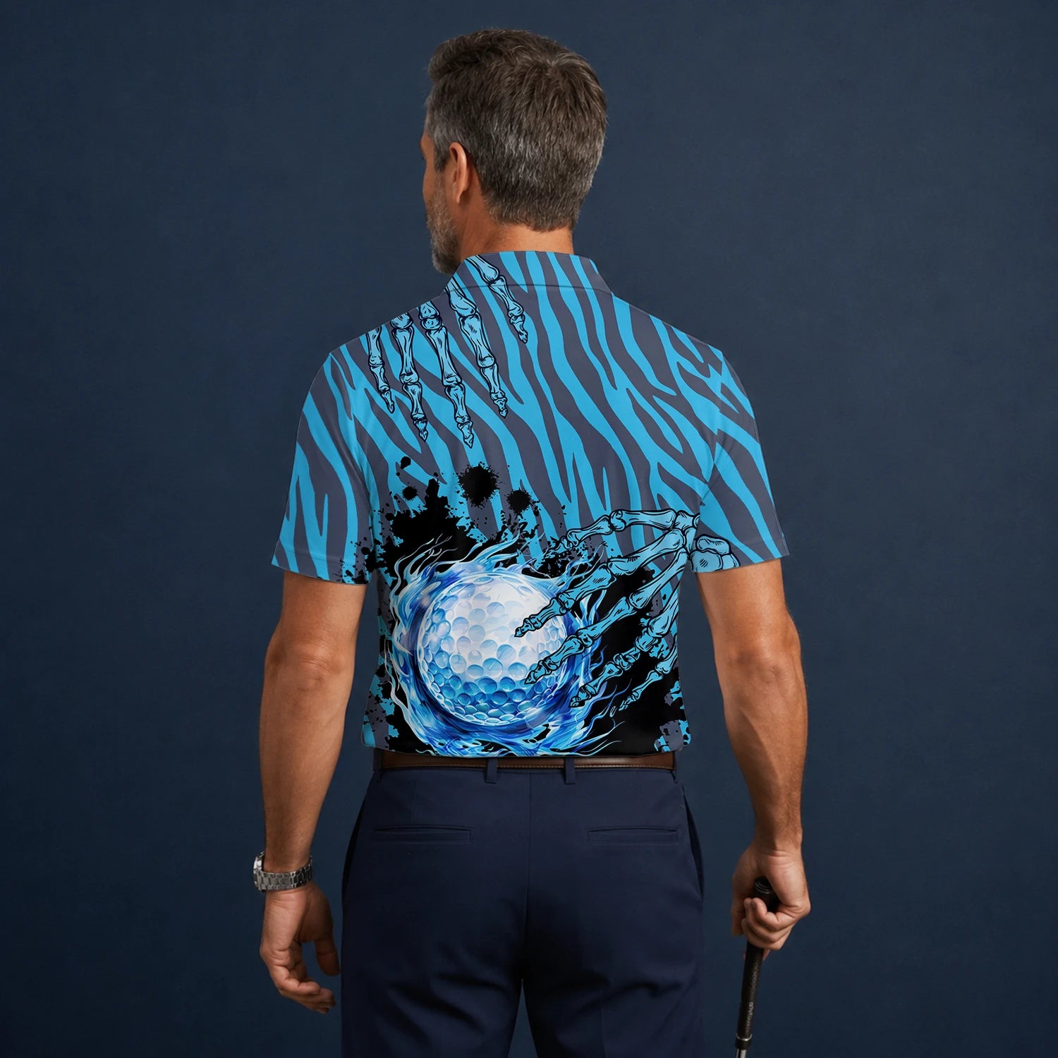 Personalised Blue Black Golf Ball Water Splash Golf Polo Shirt For Men B9791