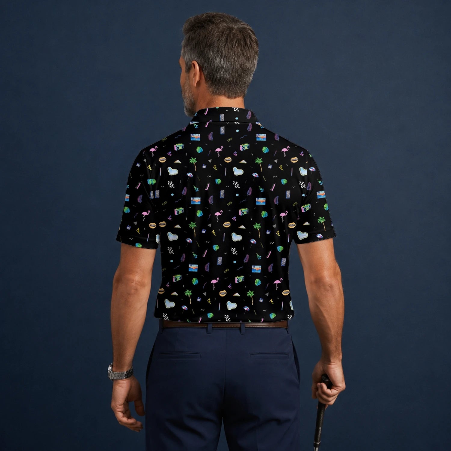 Personalised Black Holiday Travel Doodle Golf Polo Shirt For Men V7883
