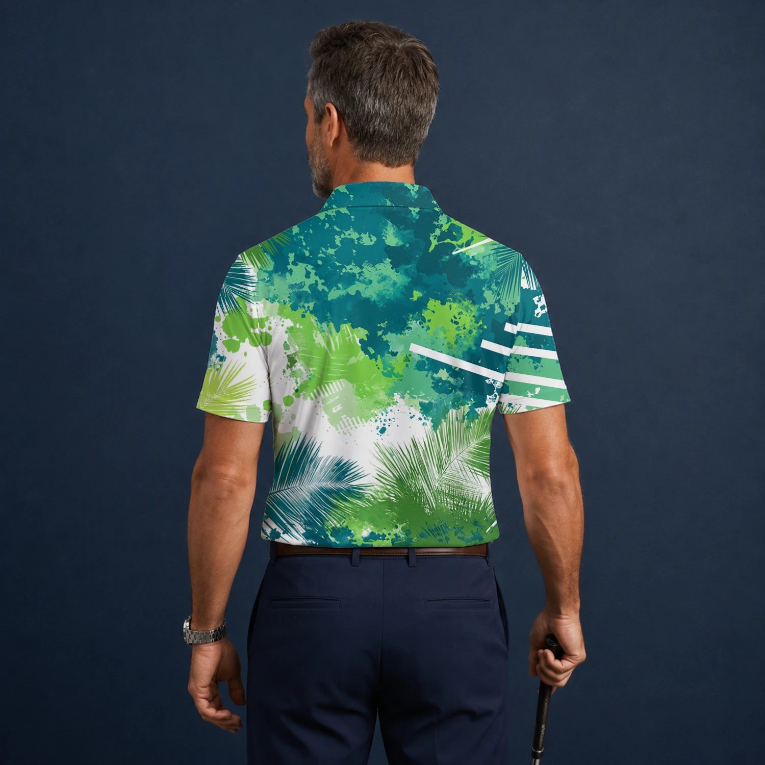 Personalised Green Blue Tropical Leaf Paint Splash Golf Polo Shirt For Men B7869