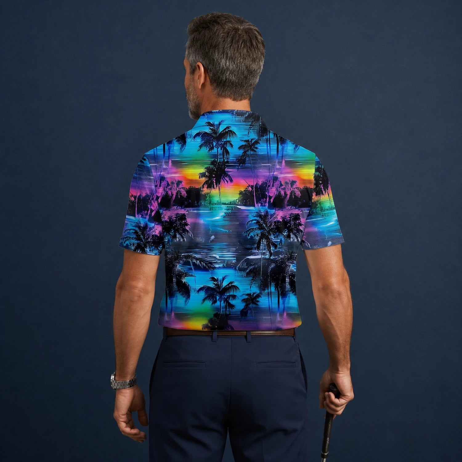 Personalised Blue Purple Palm Sunset Golf Polo Shirt For Men K8435