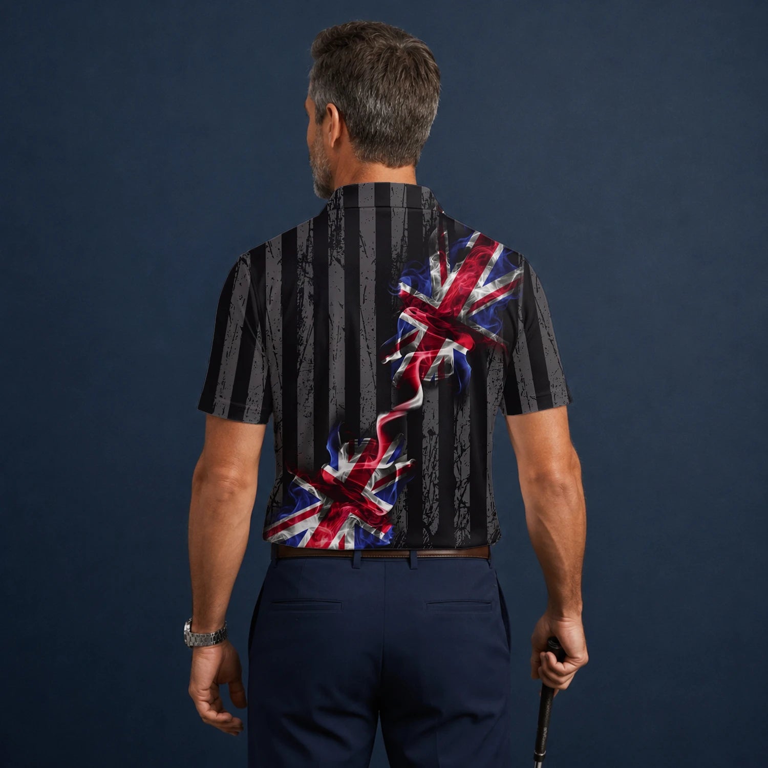 Personalised Black Union Jack Lightning Golf Polo Shirt For Men U9443