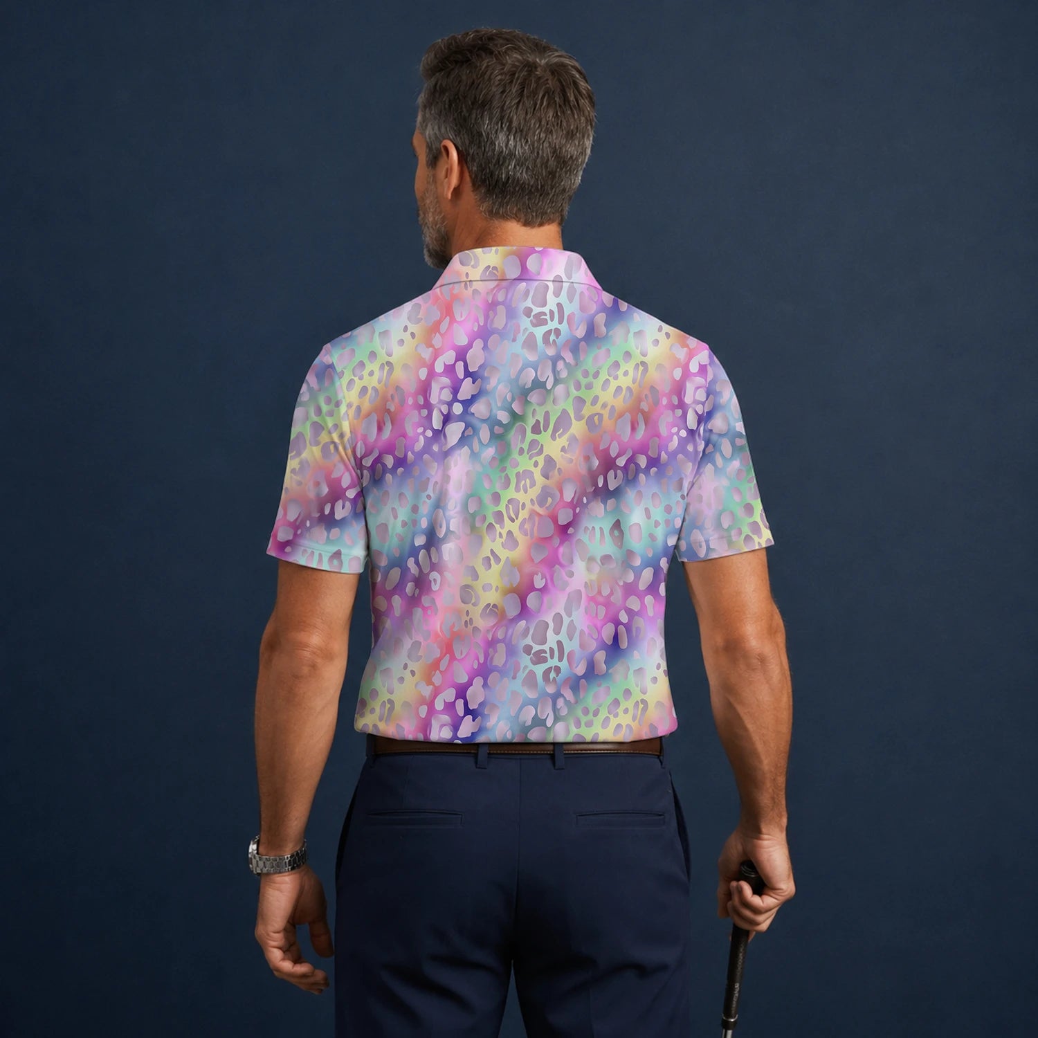 Personalised Pastel Rainbow Leopard Print Golf Polo Shirt For Men E5373