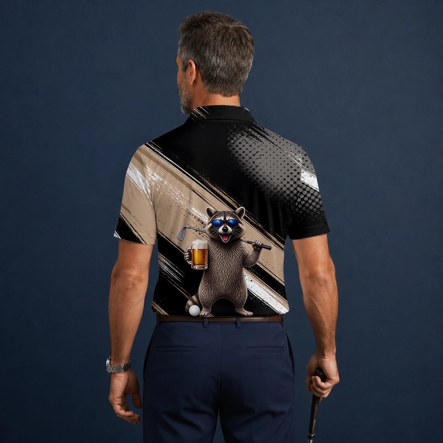 Personalised Black Beige Raccoon Beer Golfer Cartoon Golf Polo Shirt For Men K7921