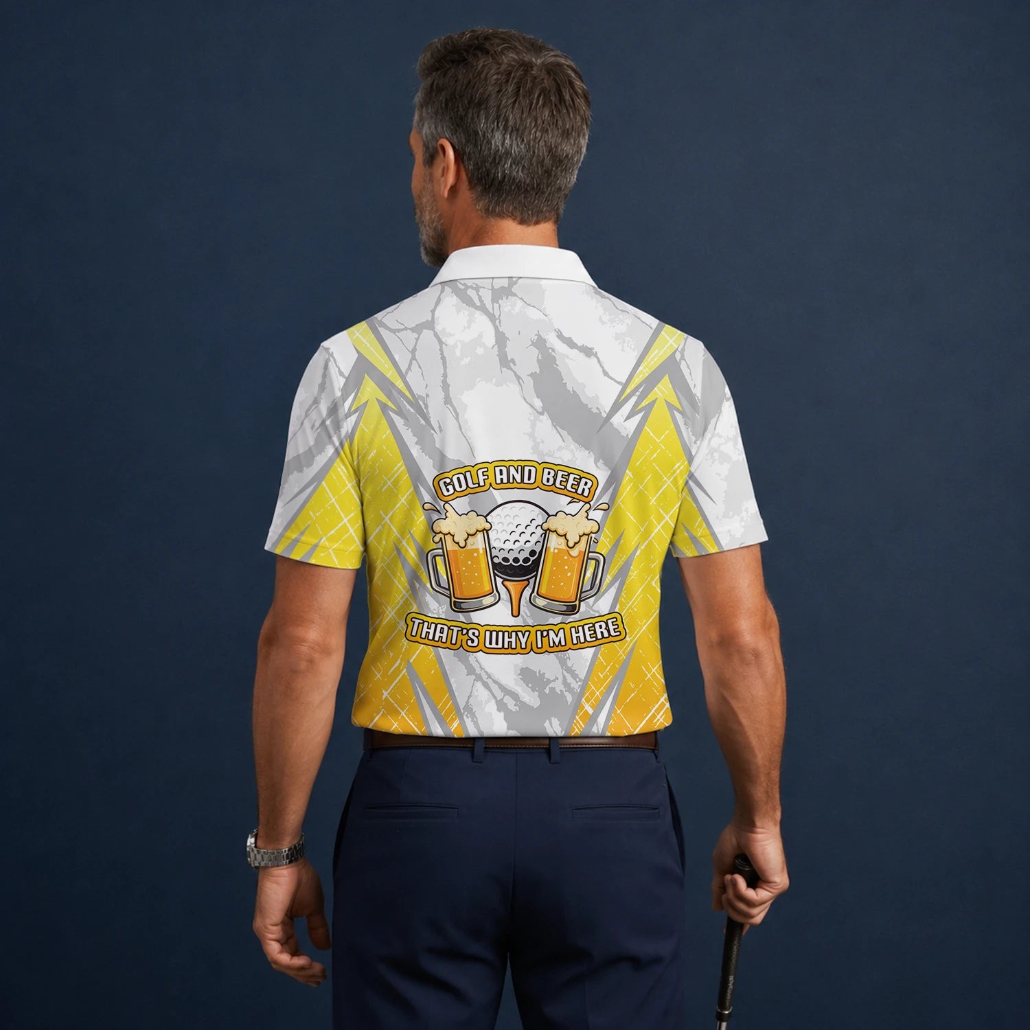 Personalised Grey Yellow Golf And Beer Slogan Golf Polo Shirt For Men P2319
