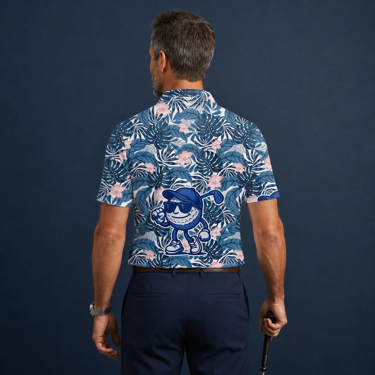 Personalised Navy Tropical Leaf Golf Ball Cartoon Golf Polo Shirt For Men I7191