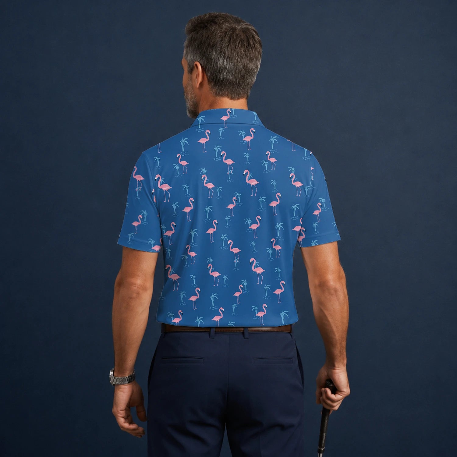 Personalised Blue Pink Flamingo Palm Golf Polo Shirt For Men C8068