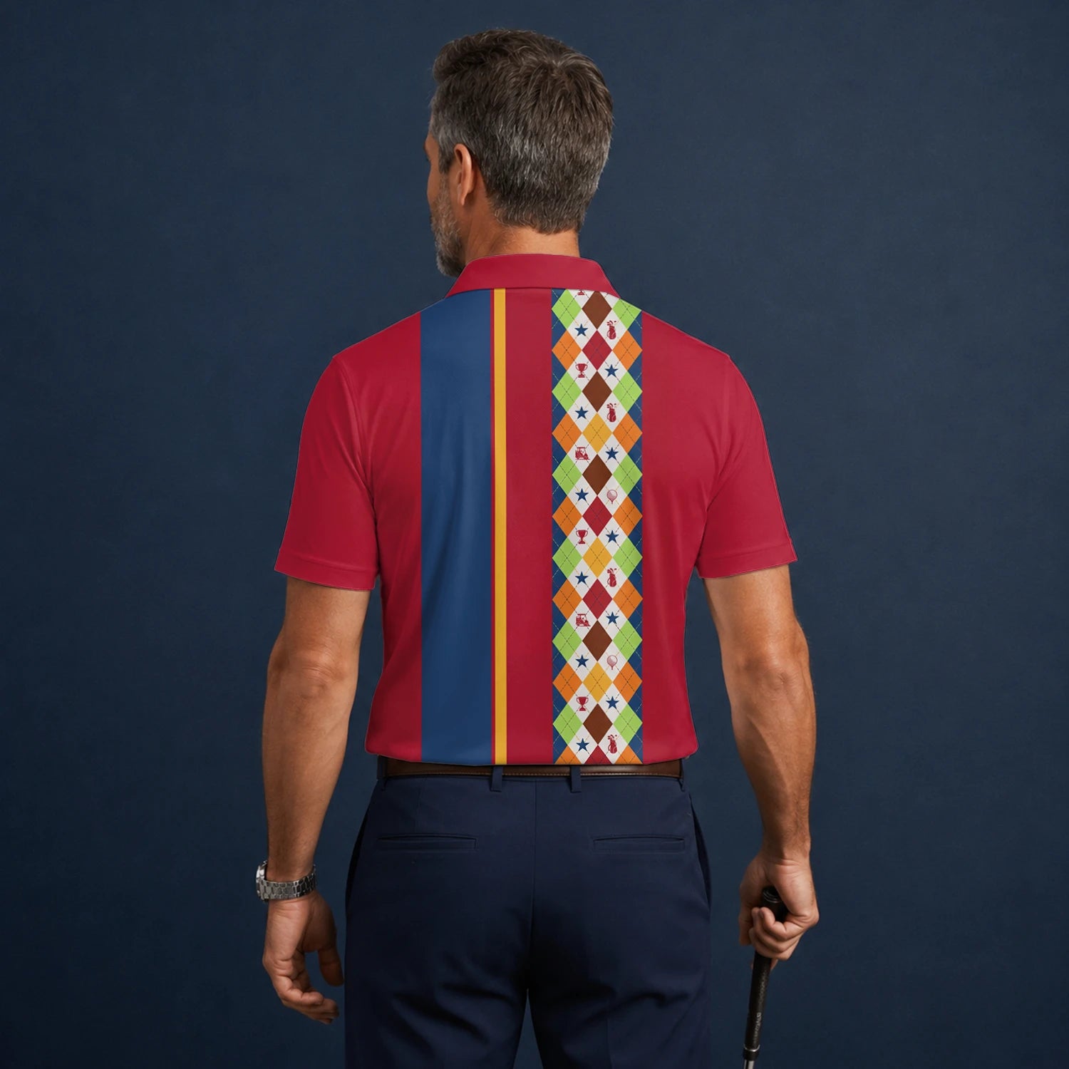Personalised Red Blue Colourful Argyle Golf Polo Shirt For Men V1769