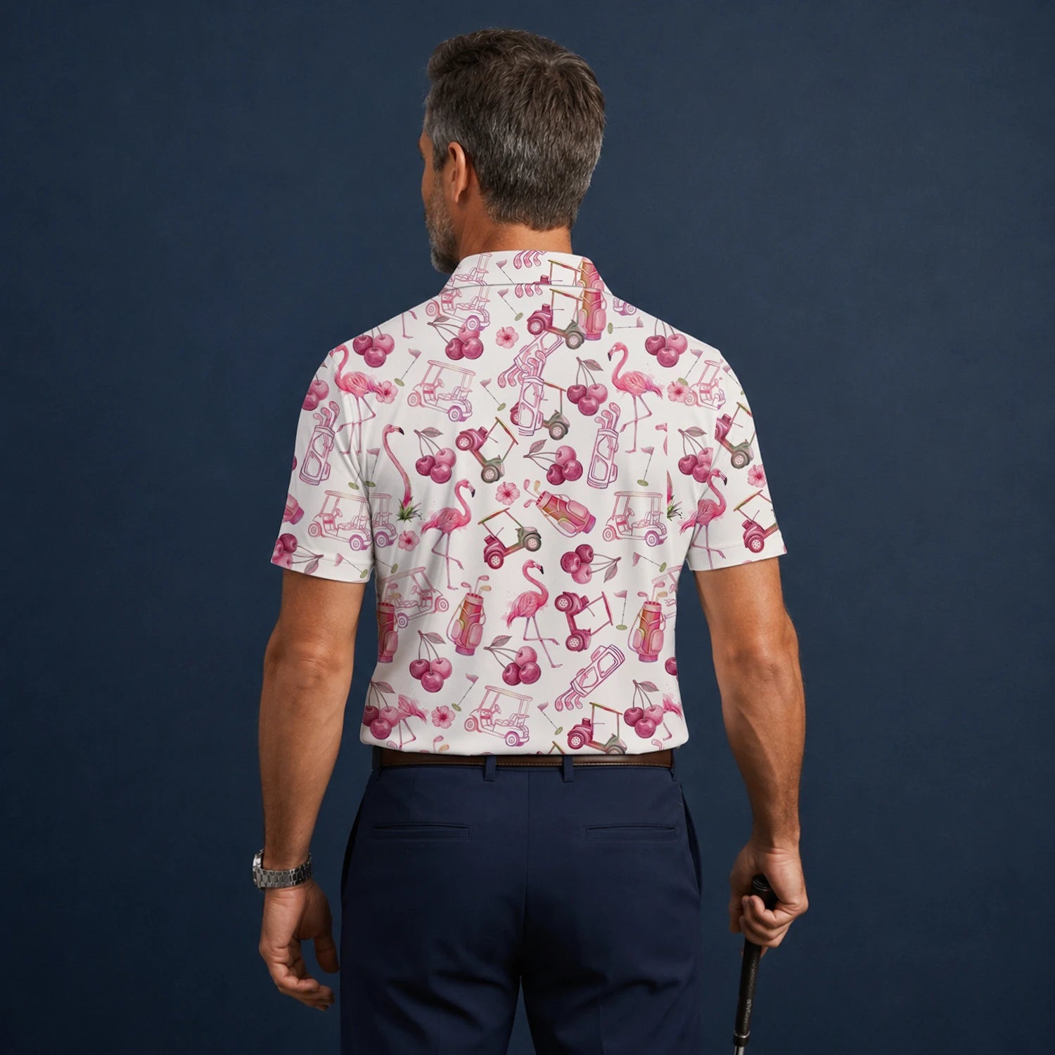 Personalised Cream Pink Flamingo Golf Cart Cocktail Golf Polo Shirt For Men T9296