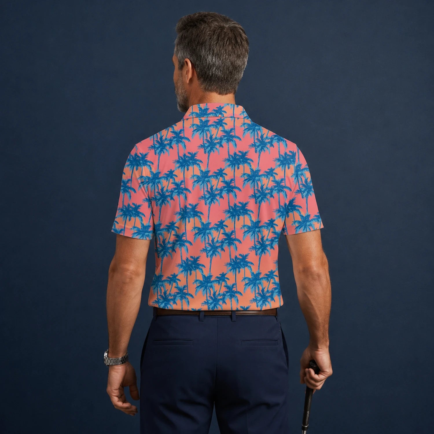 Personalised Coral Pink Blue Palm Tree Golf Polo Shirt For Men A5845