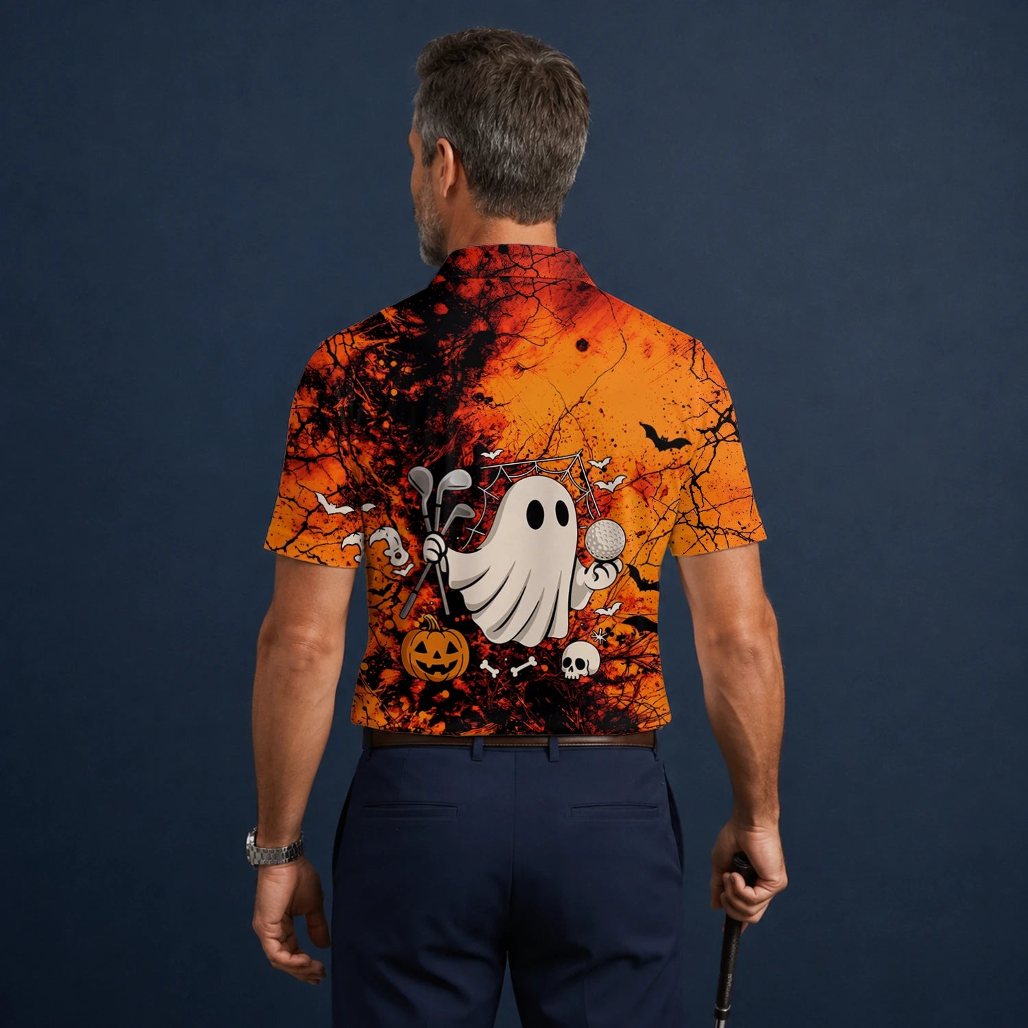 Personalised Orange Halloween Ghost Golfer Golf Polo Shirt For Men M0695