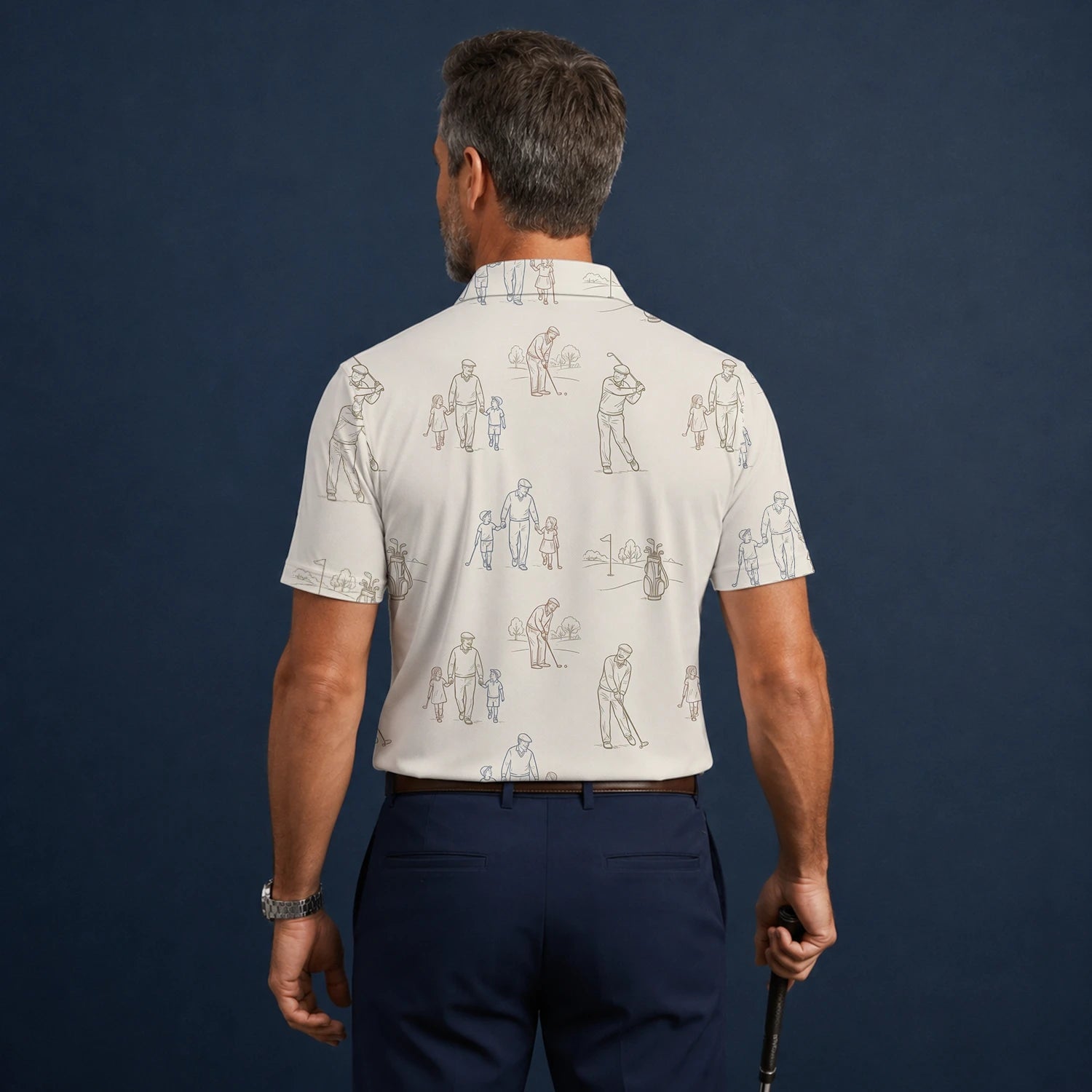 Personalised Beige Vintage Golfer Sketch Golf Polo Shirt For Men D6556