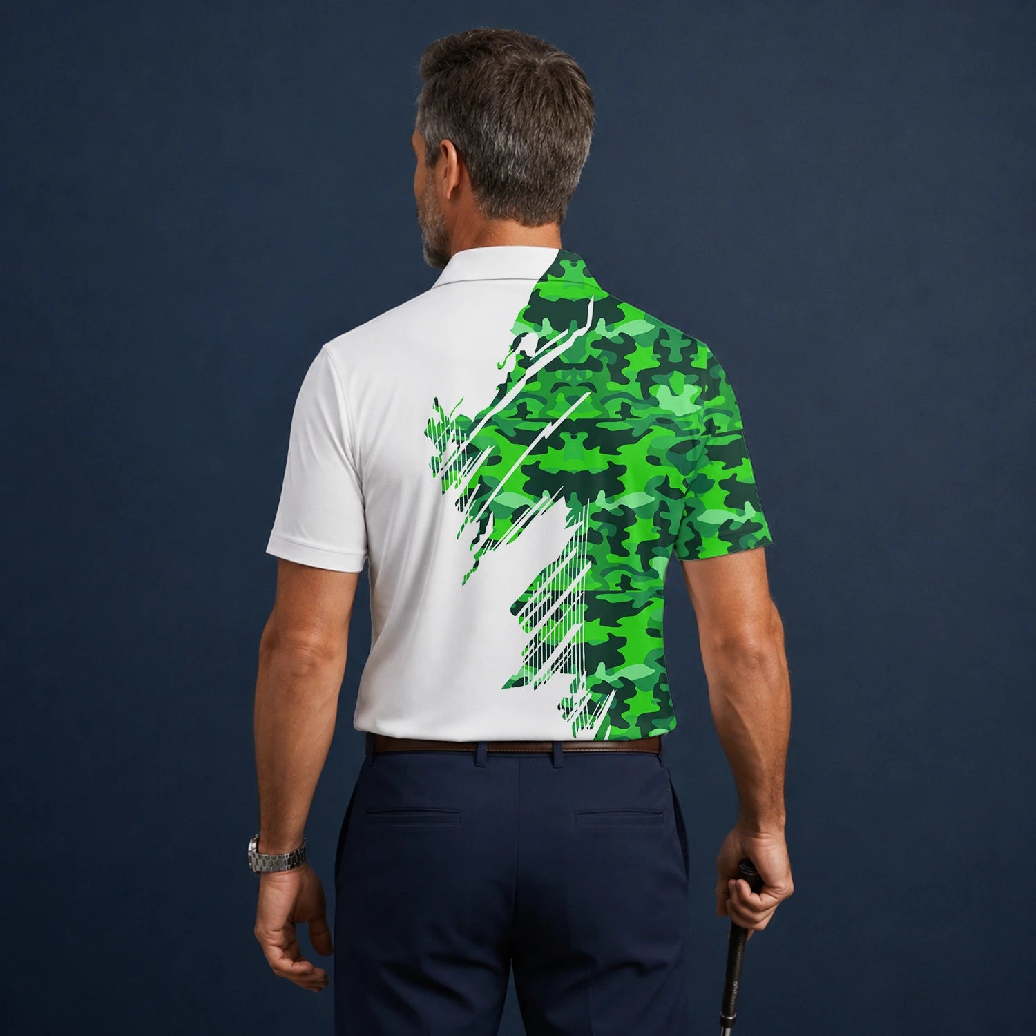 Personalised White Green Camo Brush Stripe Golf Polo Shirt For Men E9788