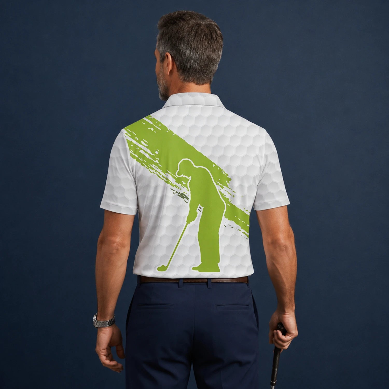 Personalised White Lime Golf Ball Texture Brush Stroke Golf Polo Shirt For Men M6914