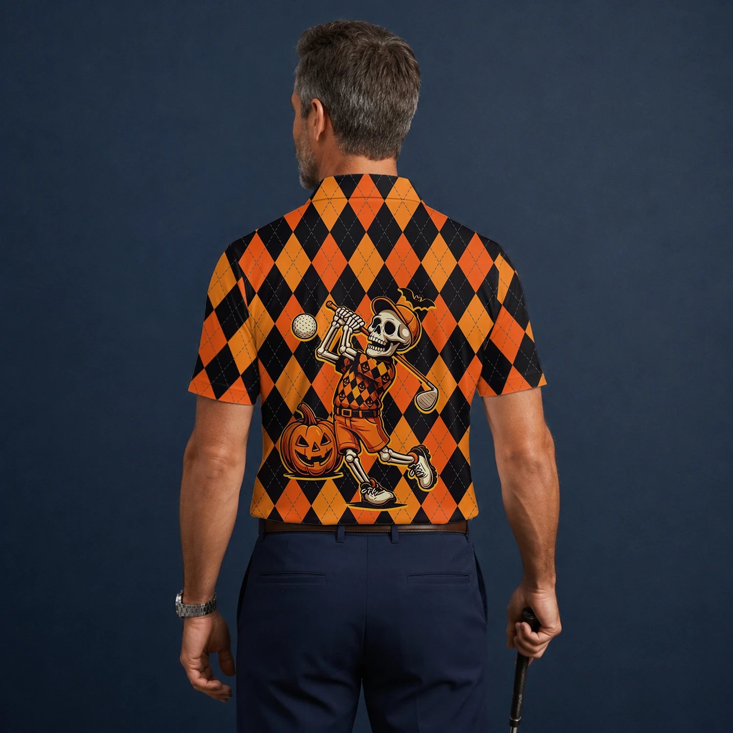 Personalised Orange Black Halloween Skeleton Golfer Argyle Golf Polo Shirt For Men I4585