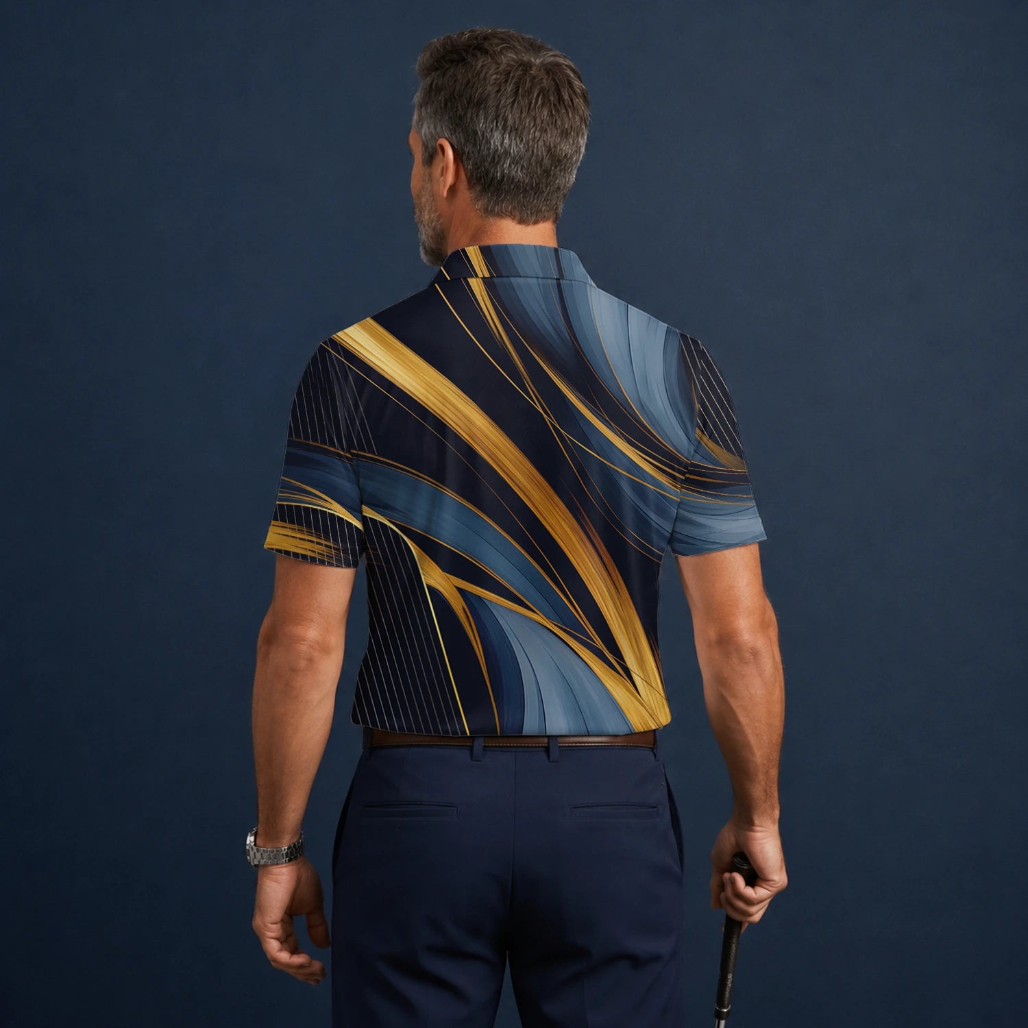 Personalised Navy Gold Abstract Ribbon Golf Polo Shirt For Men V6882