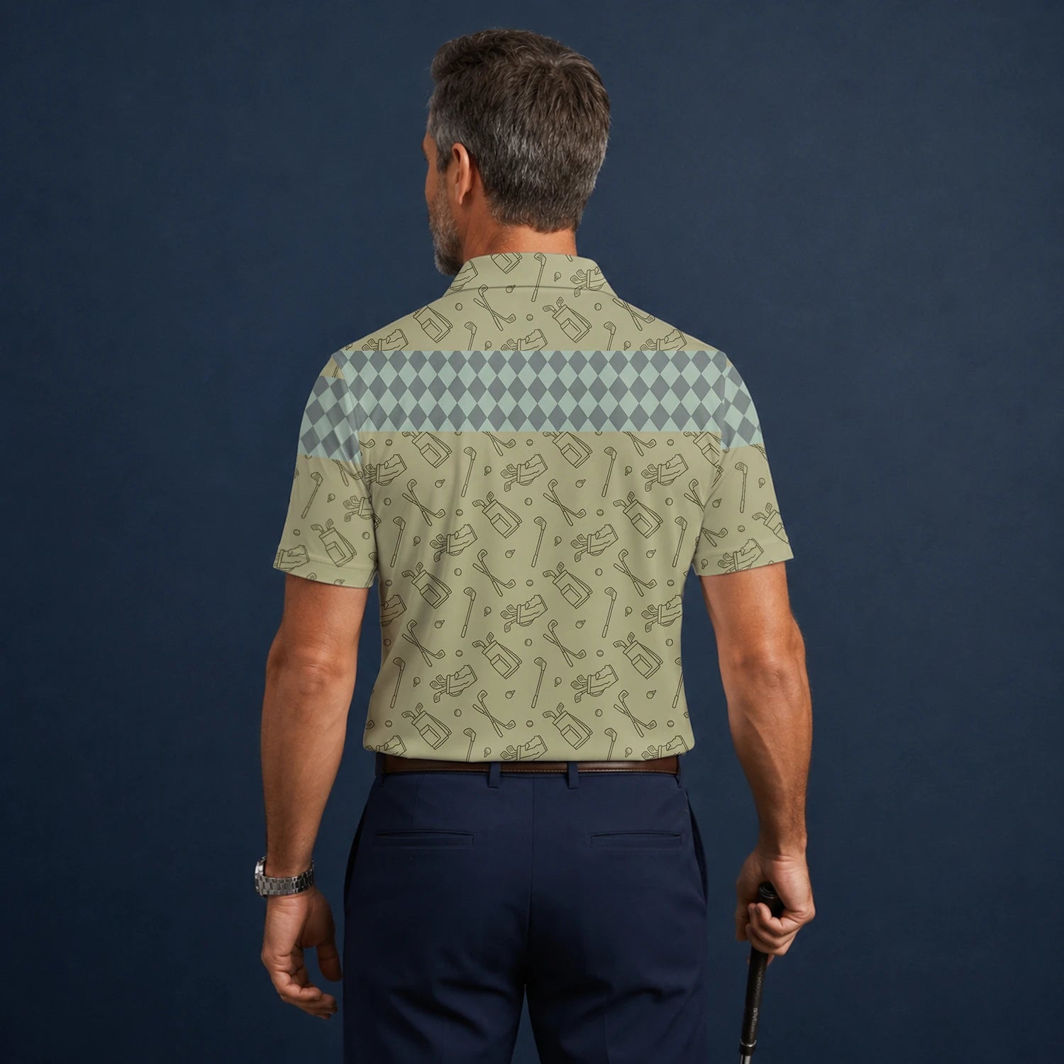 Personalised Khaki Golf Club Sketch Argyle Golf Polo Shirt For Men K5983