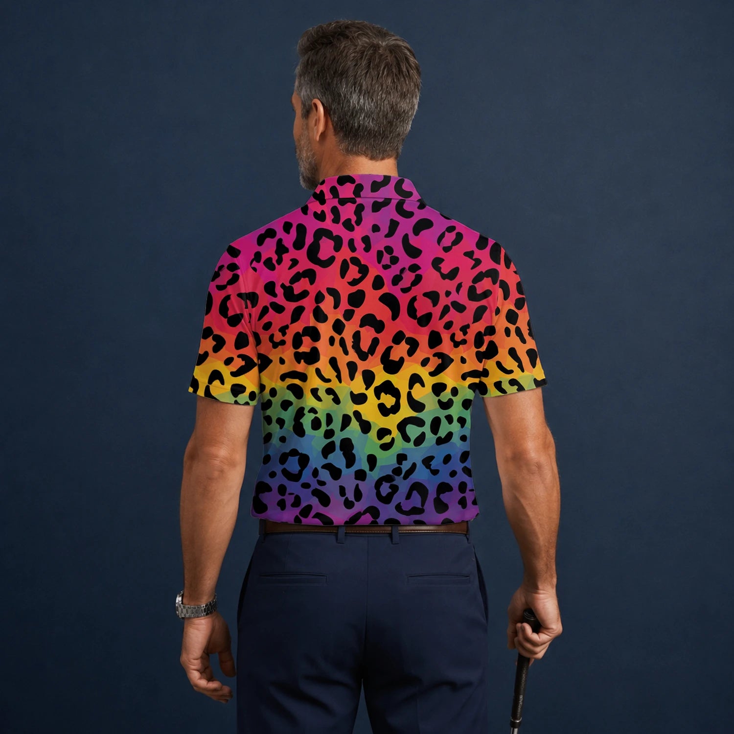 Personalised Rainbow Leopard Print Golf Polo Shirt For Men X1632