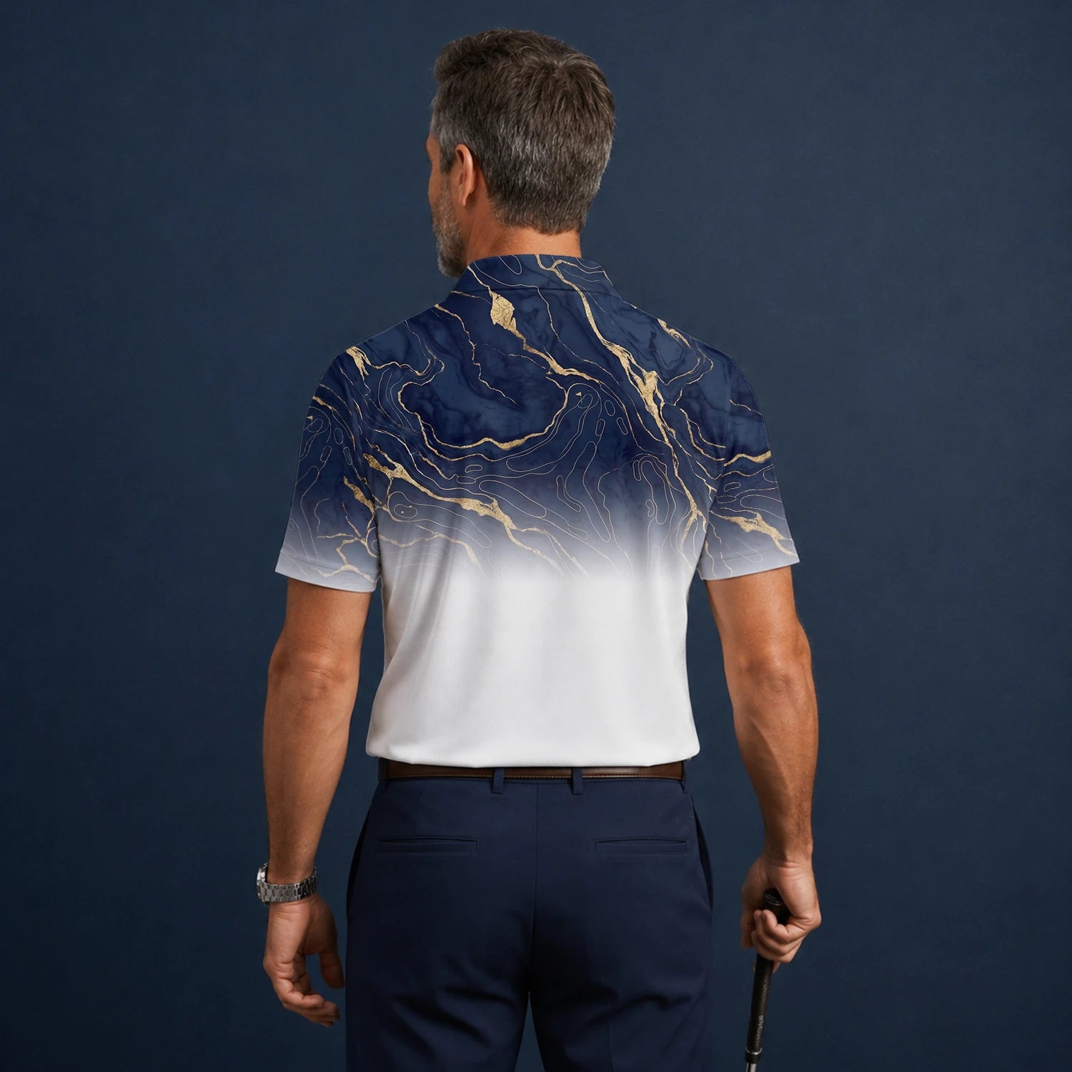 Personalised Navy White Marble Gold Vein Golf Polo Shirt For Men U5613